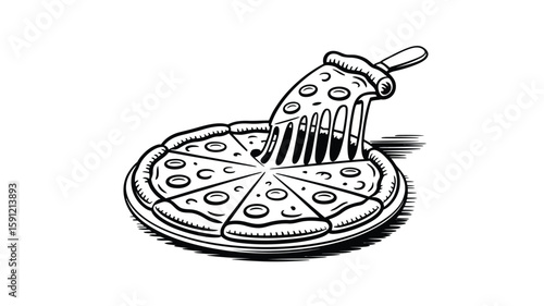 Black and white illustration of a pizza slice being lifted