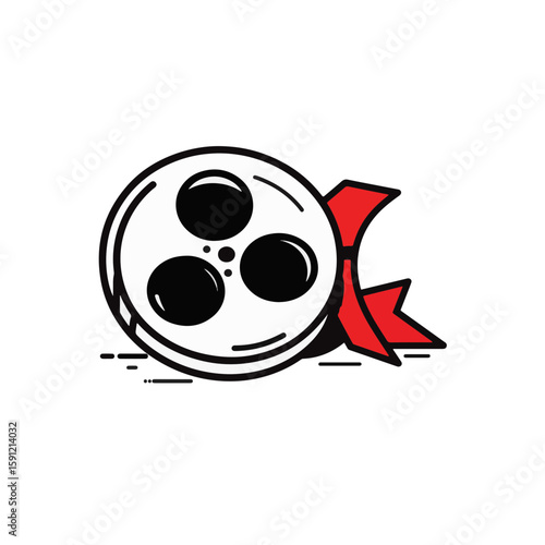 Minimalist movie reel with red accent on white background, film art
