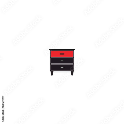 Minimalist black and white nightstand with red accent, modern design