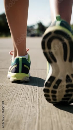 Low-angle pov steadicam tracking video of vibrant athletic shoes with textured soles making firm contact with worn urban concrete path, showcasing forward momentum and continuous progress for an