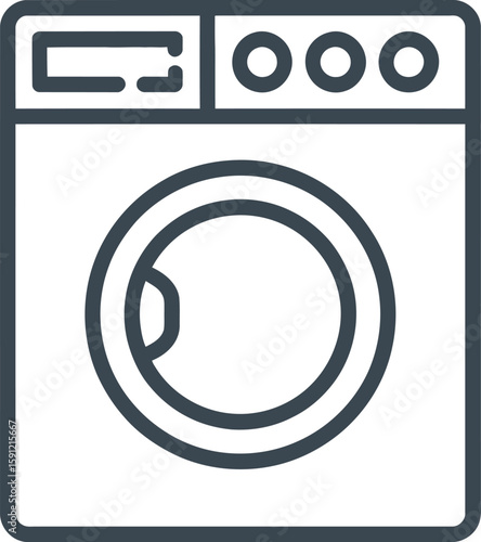A simple line drawing of a front loading washing machine with control panel and door outline