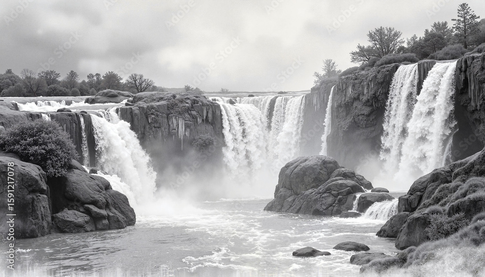 Obraz premium Majestic waterfall cascading over rocks in black and white 