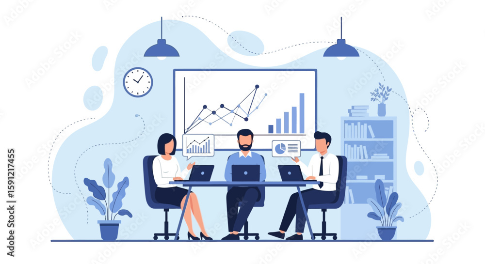 Fototapeta premium Business Meeting illustration: A group of professionals engaged in an animated business meeting within a modern, brightly lit conference room.