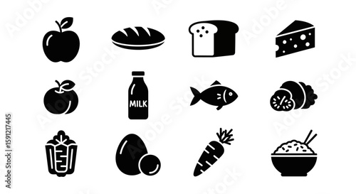 Food Icon Set: A collection of simple, bold black food icons against a white background, perfect for app design, websites, or presentations.