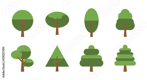 Stylized Green Trees Collection: A vibrant set of eight digitally illustrated green trees, each with a unique shape and design. Capturing the diversity of arboreal forms.