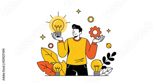 Idea Generation: A person holds a lightbulb and a cogwheel, symbolizing creativity and innovation, surrounded by additional light bulbs. It highlights problem-solving and ingenuity. 