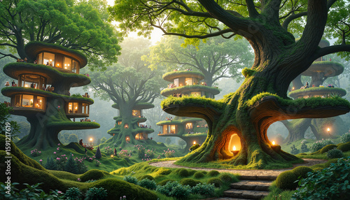 Enchanted forest with tree houses and pathways in vibrant greenery