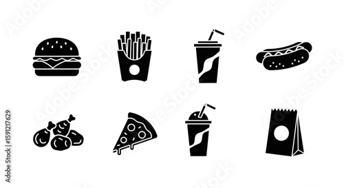 Simplified Food Icons: A monochromatic collection of essential fast food elements, presented as clean-cut vector illustrations. 