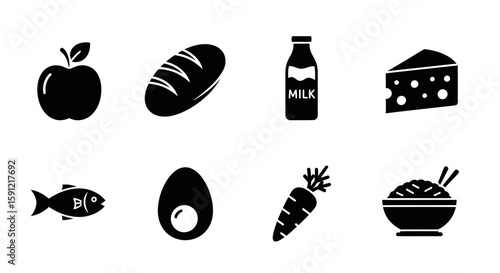Culinary Symphony: A monochrome portrayal of eight food icons, artfully arranged to evoke the essence of a wholesome and balanced meal, the essence of delicious and healthy food.