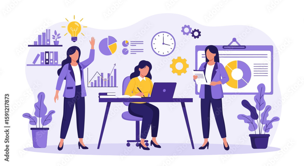 Business Strategy: In a modern office, three professionals, engaged in strategic planning, teamwork, and brainstorming, are shown. They represent the core elements of successful business Business Strategy: In a modern office, three professionals, engaged in strategic planning, teamwork, and brainstorming, are shown. They represent the core elements of successful business