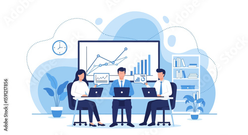 Business Meeting Analytics: A cohesive team meticulously reviews insightful data visualizations and charts, the air filled with the hum of collaboration and the spirit of strategic foresight.