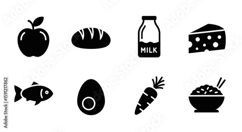 Food Icons: A set of simple, monochrome food icons, including an apple, bread, milk, cheese, fish, egg, carrot and rice. Perfect for websites, apps, or presentations.