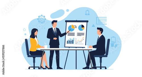 Business Presentation: A modern business presentation, a dynamic depiction of a meeting with focused individuals, an image that encapsulates strategy and corporate collaboration.