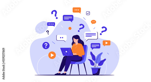 Digital Queries: A woman, immersed in thought, surrounded by digital speech bubbles and question marks, pondering on a laptop, and a creative person who needs to solve the problem.
