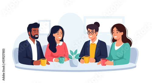 Team Coffee Break: Diverse colleagues enjoy a relaxed coffee break, engaging in conversation and fostering teamwork.