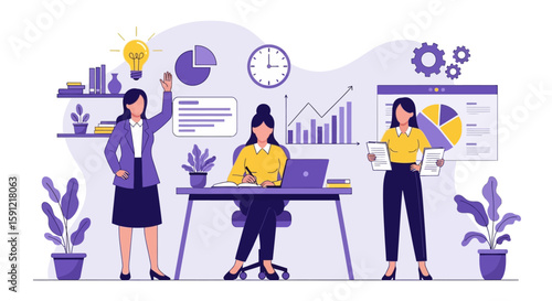 Women At Work: A depiction of modern female professionals at work, each engrossed in diverse tasks within a dynamic work environment. Embodying inspiration and business acumen