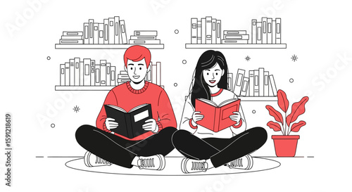 Reading Together: Illustration depicts a male and female engrossed in books, highlighting a shared love for literature and knowledge, surrounded by bookshelves filled with literary treasures.