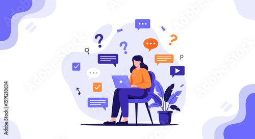 Online Inquiry and Communication: An illustrative scene, capturing a woman absorbed in online interactions and communication, surrounded by chat bubbles and questions.