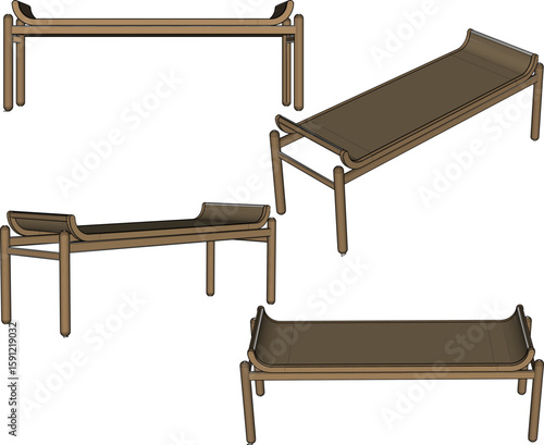 Vector sketch illustration of a unique classic, vintage, ethnic, traditional, rattan wooden long bench chair design