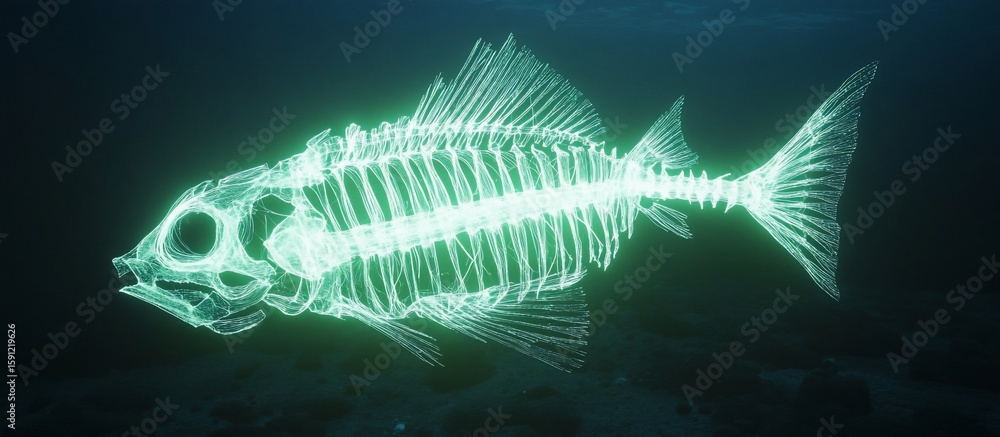 Glowing Fish Skeleton, Ocean Floor, Underwater, Digital Art, Science Glowing Fish Skeleton, Ocean Floor, Underwater, Digital Art, Science
