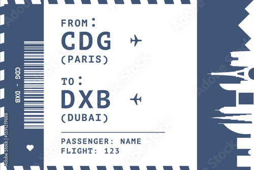Paris, France - Dubai, UAE flight, luggage tag, boarding pass card. Vector illustration layout for infographic, postcard, sticker, print, promo with landmark shapes