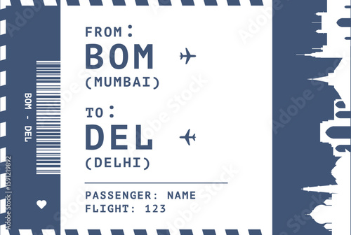 Mumbai - Delhi, India flight, luggage tag, boarding pass card. Vector illustration layout for infographic, postcard, sticker, print, promo with landmark shapes