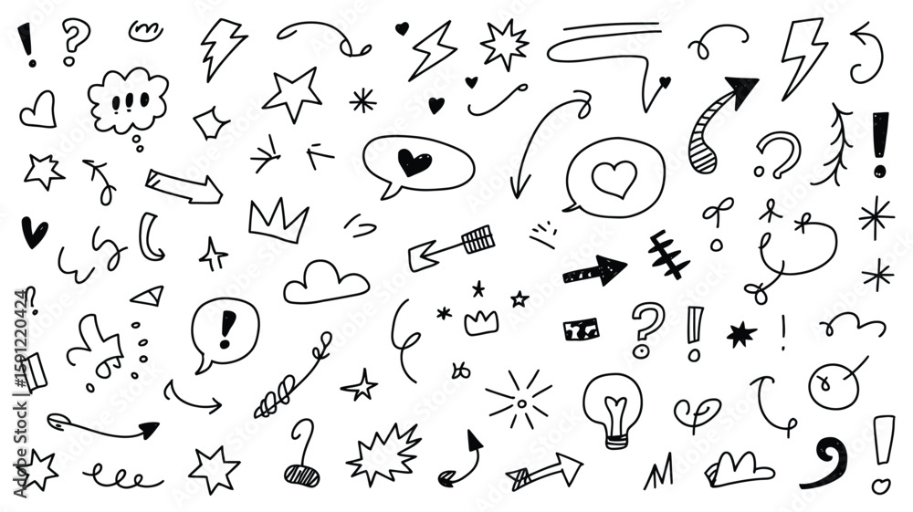 Naklejka premium Hand Drawn Doodle Seamless Pattern with Arrows Hearts Stars and More