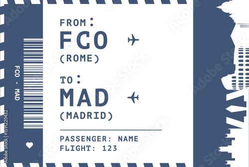 Rome, Italy - Madrid, Spain flight, luggage tag, boarding pass card. Vector illustration layout for infographic, postcard, sticker, print, promo with landmark shapes