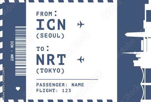Seoul, South Korea - Tokyo, Japan flight, luggage tag, boarding pass card. Vector illustration layout for infographic, postcard, sticker, print, promo with landmark shapes