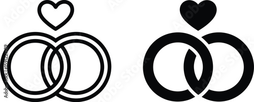Two wedding ring icons with hearts above them in black and white on a beige background