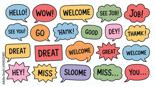 Colorful Speech Bubbles with Greetings and Expressions on White Background
