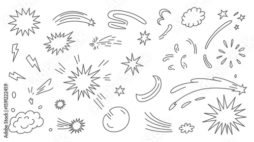 Hand Drawn Doodle Set of Stars Comets and Other Elements
