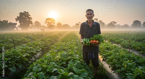 Smiling farmer holding fresh vegetables in a lush green field at sunrise, showcasing sustainable farming and the joy of agriculture.