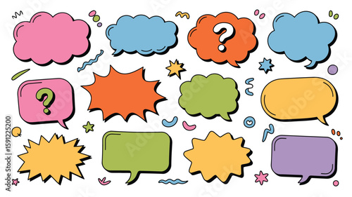 Seamless pattern of colorful speech bubbles and abstract shapes on white