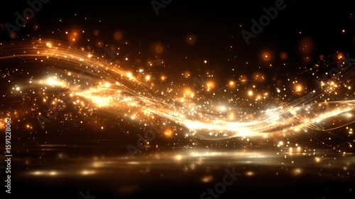 Golden glowing waves of light particles on a dark background.