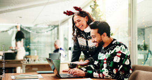 Obraz na plátně Laptop, Christmas and businessman with manager in office for review on finance proposal