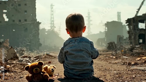 View of a little boy in dirty clothes sitting on the ground in the middle of a bombed-out street and looking at ruined city. A boy's silhouette against a ruined city.