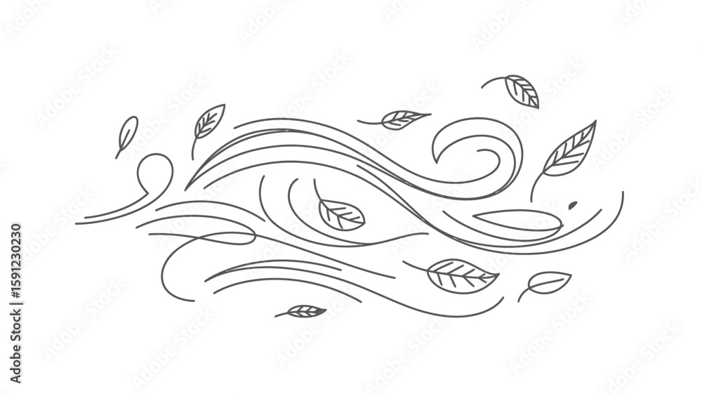 Fototapeta premium Windy Autumn Day with Falling Leaves Line Art Illustration
