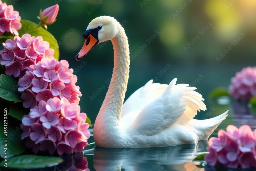Fototapeta premium Elegant swan amidst pink & lilac hydrangeas, green leaves , peace, beauty