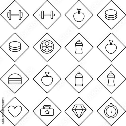 Fitness and Wellness Icons Gym Nutrition and Lifestyle Symbols Set