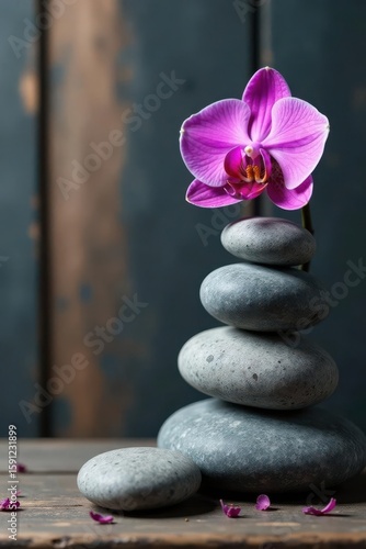 Polished grey stones, vibrant orchid on weathered wood backdrop , wellbeing, therapy