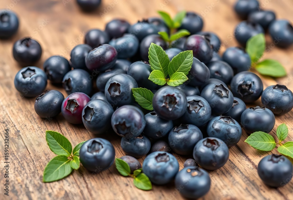 Close-up of vibrant, juicy blueberries scattered on a rustic wooden background, sweet, background Close-up of vibrant, juicy blueberries scattered on a rustic wooden background, sweet, background