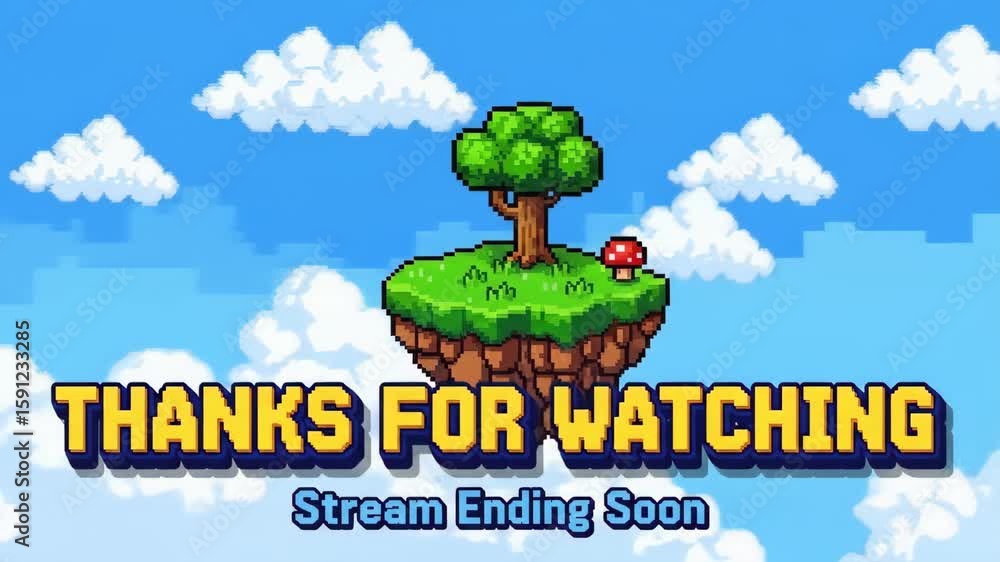 Pixel art stream ending screen with a floating island, tree, and mushroom against a blue sky with clouds perfect for game streams