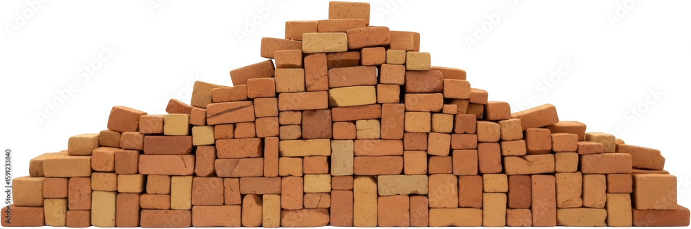 Obraz premium Stacked pile of diverse red and yellow clay bricks construction materials granular texture transparent background