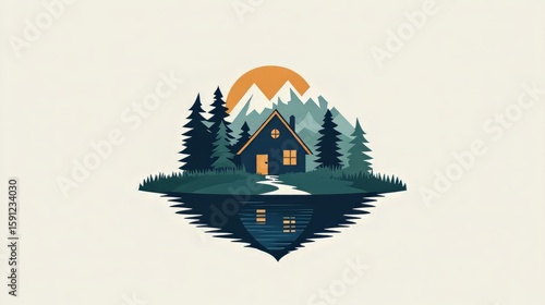 Logo design featuring a house by the lake with a forest