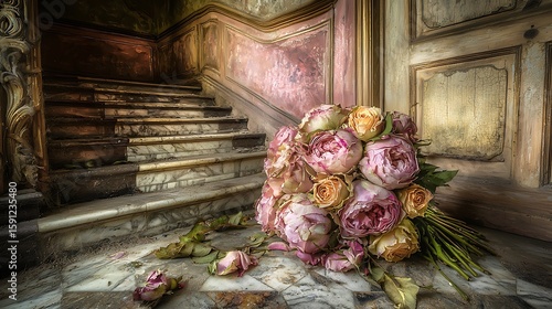 Abandoned Mansion with Withered Rose Bouquet