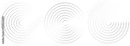 Dotted Concentric circles geometric element. Concentric segments of circles, random lines following a circle path. Dotted halftone Spiral backgrounds. EPS vector illustration