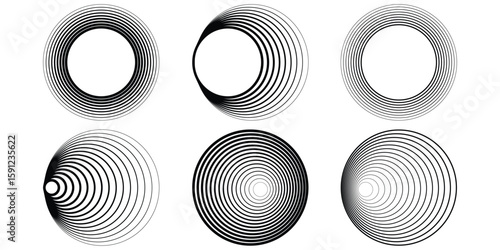Concentric circles geometric element. Concentric segments of circles, random lines following a circle path. Spiral backgrounds. EPS vector illustration