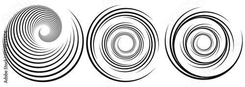 Concentric circles geometric element. Concentric segments of circles, random lines following a circle path. Spiral backgrounds. EPS vector illustration