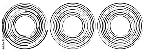 Concentric circles geometric element. Concentric segments of circles, random lines following a circle path. Spiral backgrounds. EPS vector illustration